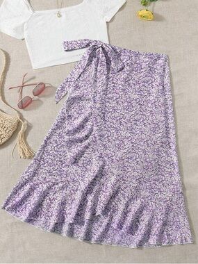 SHEIN Lavender Ditsy Floral Ruffle Wrap Midi Skirt - Size S